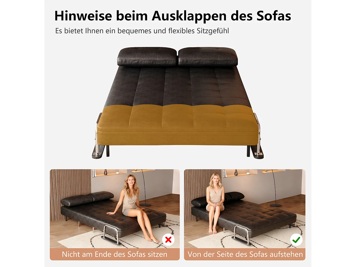 Canapé-lit en cuir noir, canapé moderne avec fonction lit, matelas pliant et pieds en métal, polyvalent pour salon, chambre et petits espaces (150 cm)