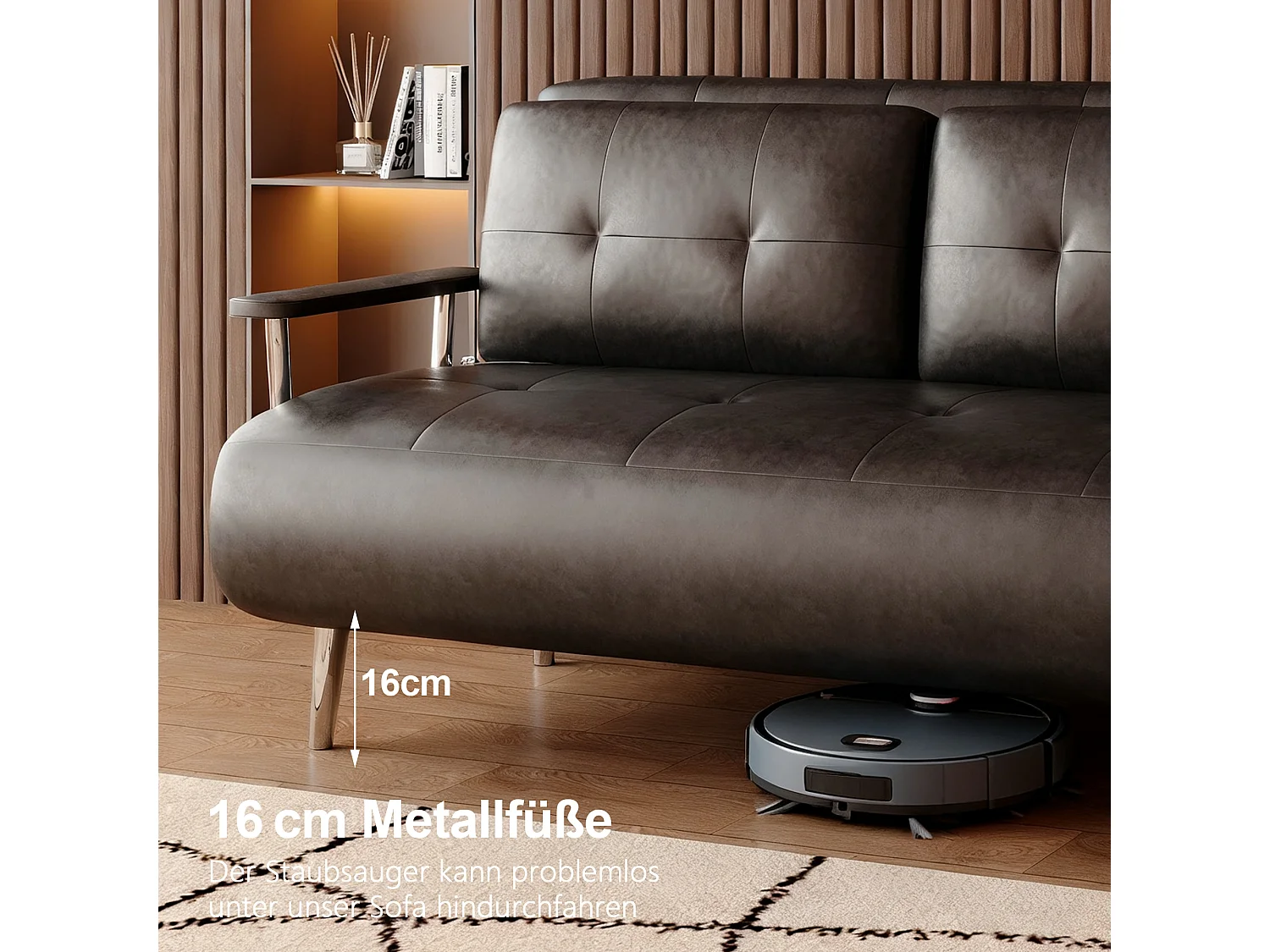 Canapé-lit en cuir 150 cm, Canapé moderne avec fonction lit, matelas pliant et pieds en métal, Polyvalent pour salon, chambre et petits espaces, Noir