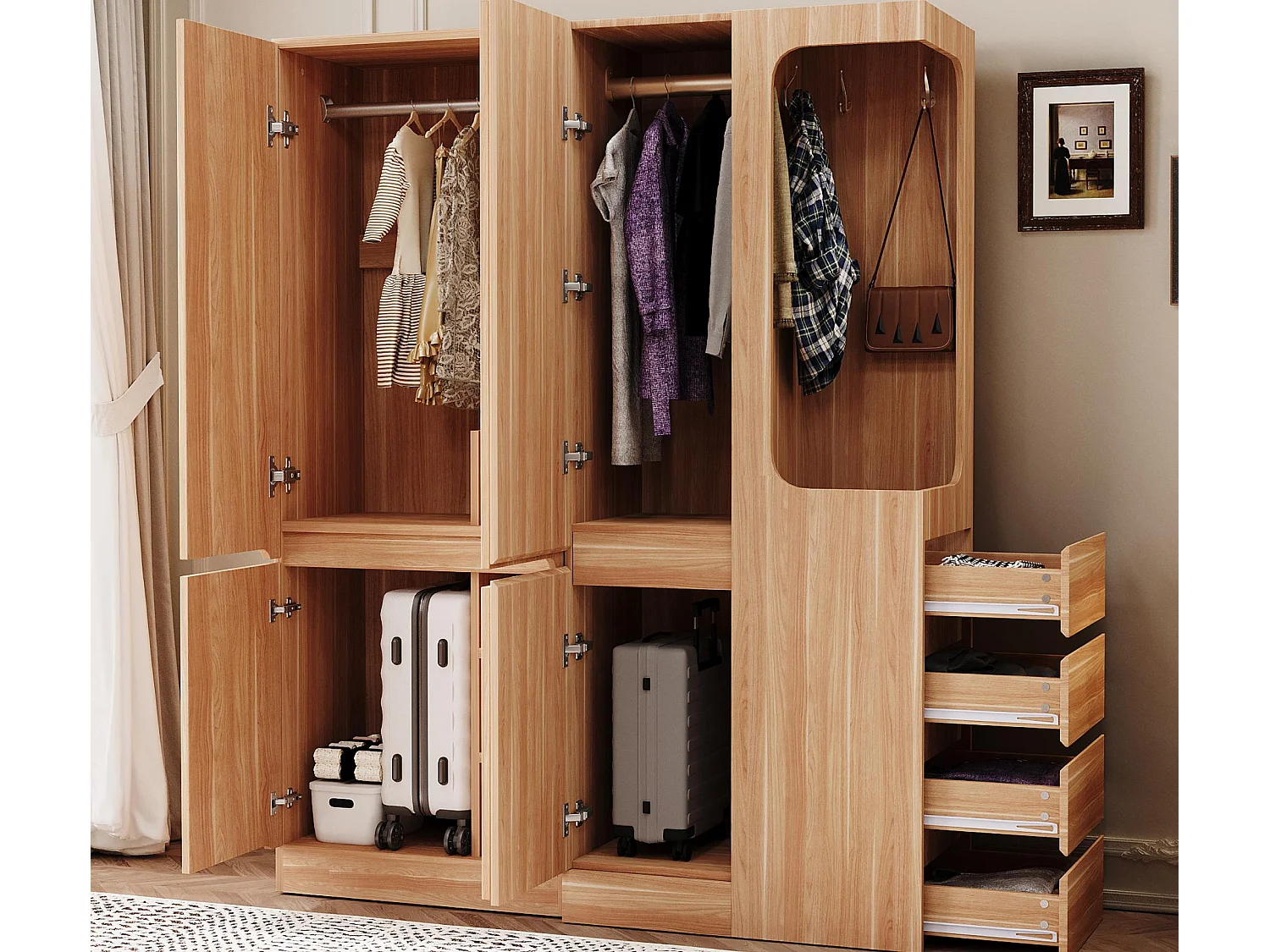 Kleiderschrank 140x40x170 cm - mit 4 Schubladen - mit Staufächern - mit Türen - Natur