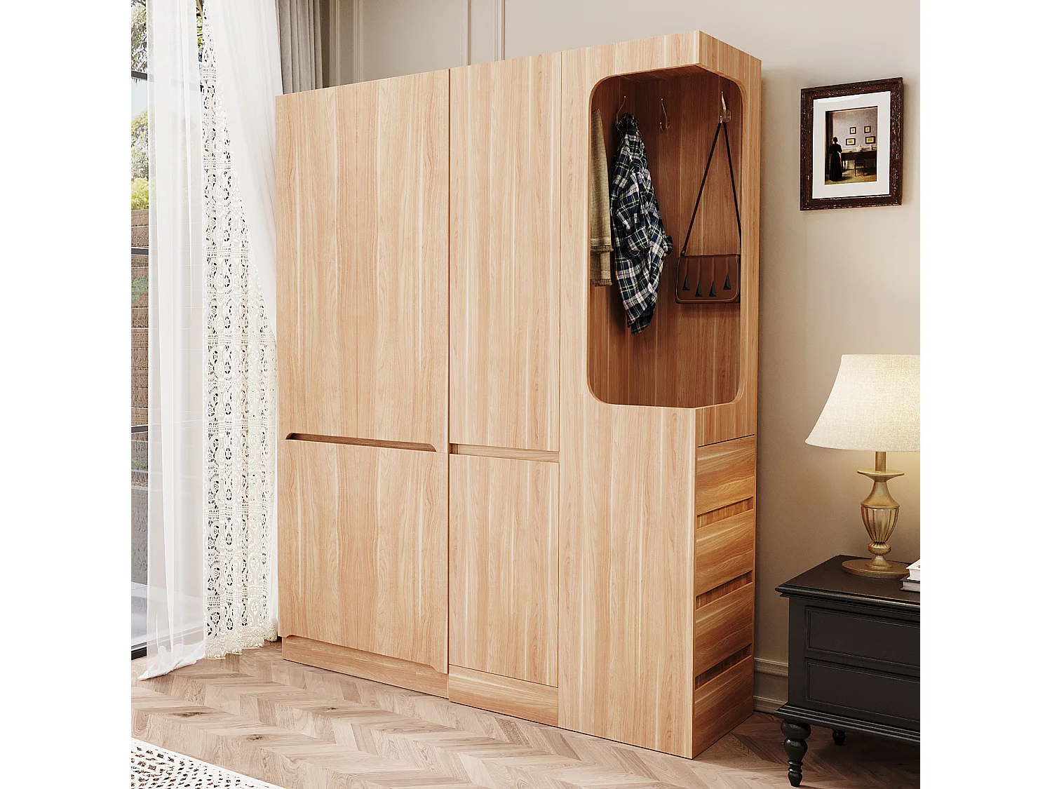Kleiderschrank 140x40x170 cm - mit 4 Schubladen - mit Staufächern - mit Türen - Natur