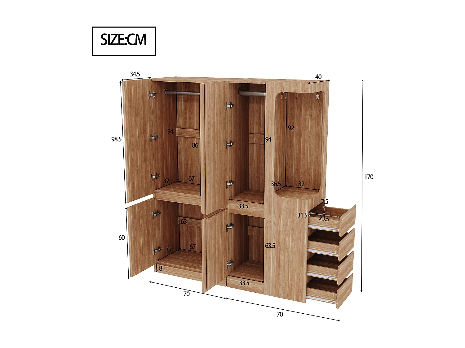 Kleiderschrank 140x40x170 cm - mit 4 Schubladen - mit Staufächern - mit Türen - Natur