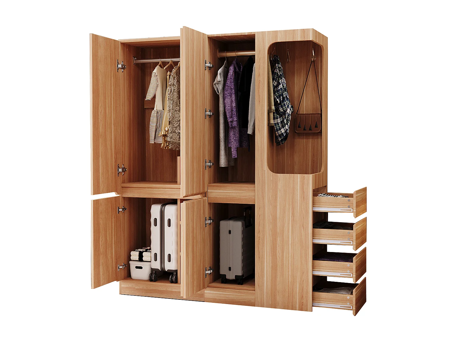 Kleiderschrank 140x40x170 cm - mit 4 Schubladen - mit Staufächern - mit Türen - Natur