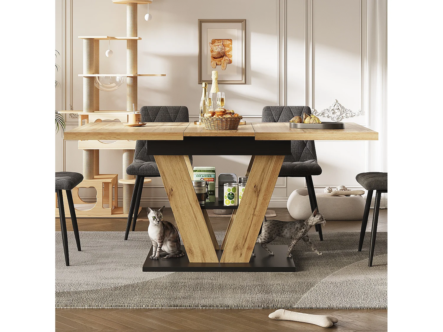 Table à manger extensible 110/140x80x75 cm - Pour 6 personnes - MDF + métal - Naturel