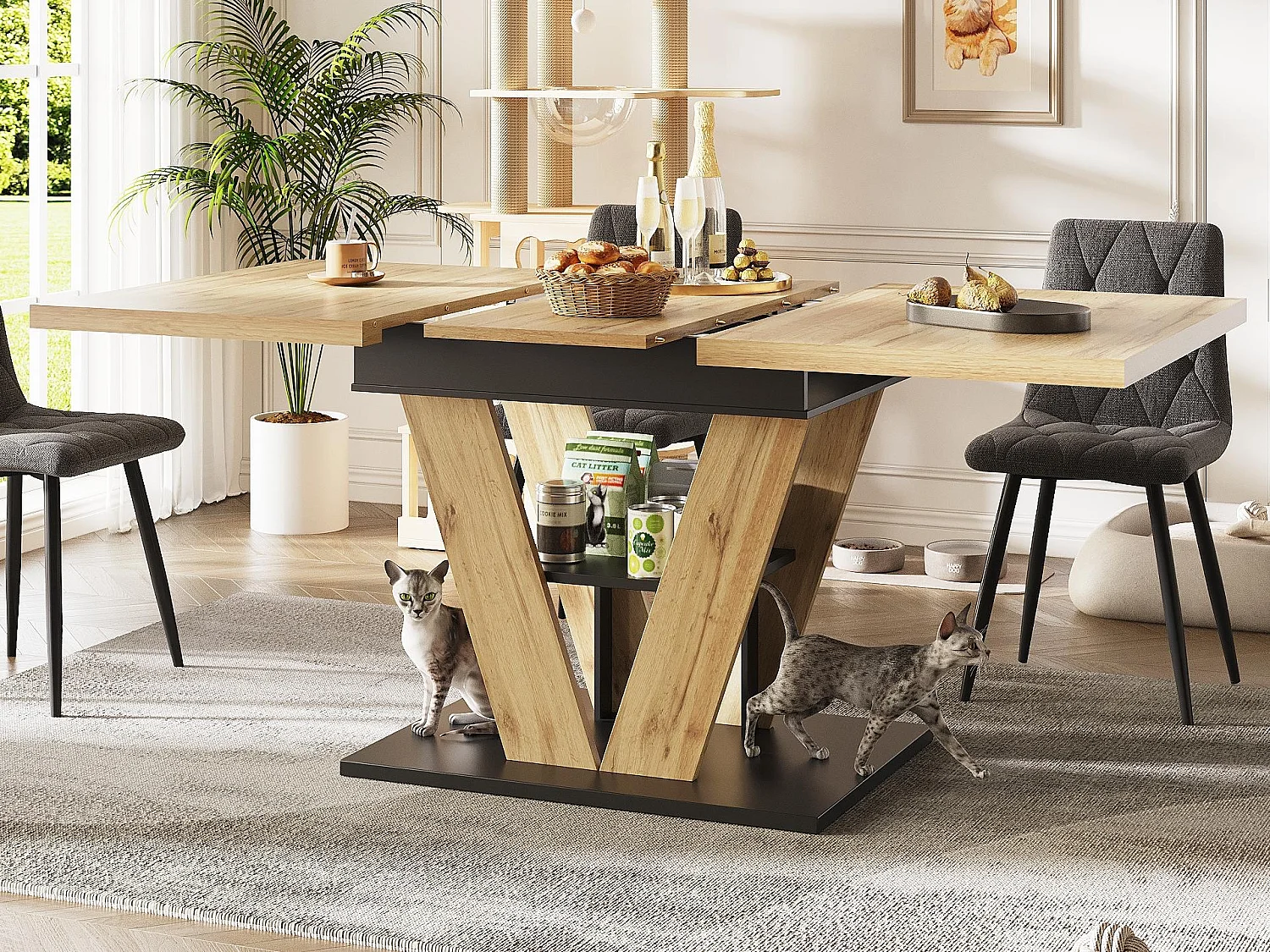 Table à manger extensible 110/140x80x75 cm - Pour 6 personnes - MDF + métal - Naturel