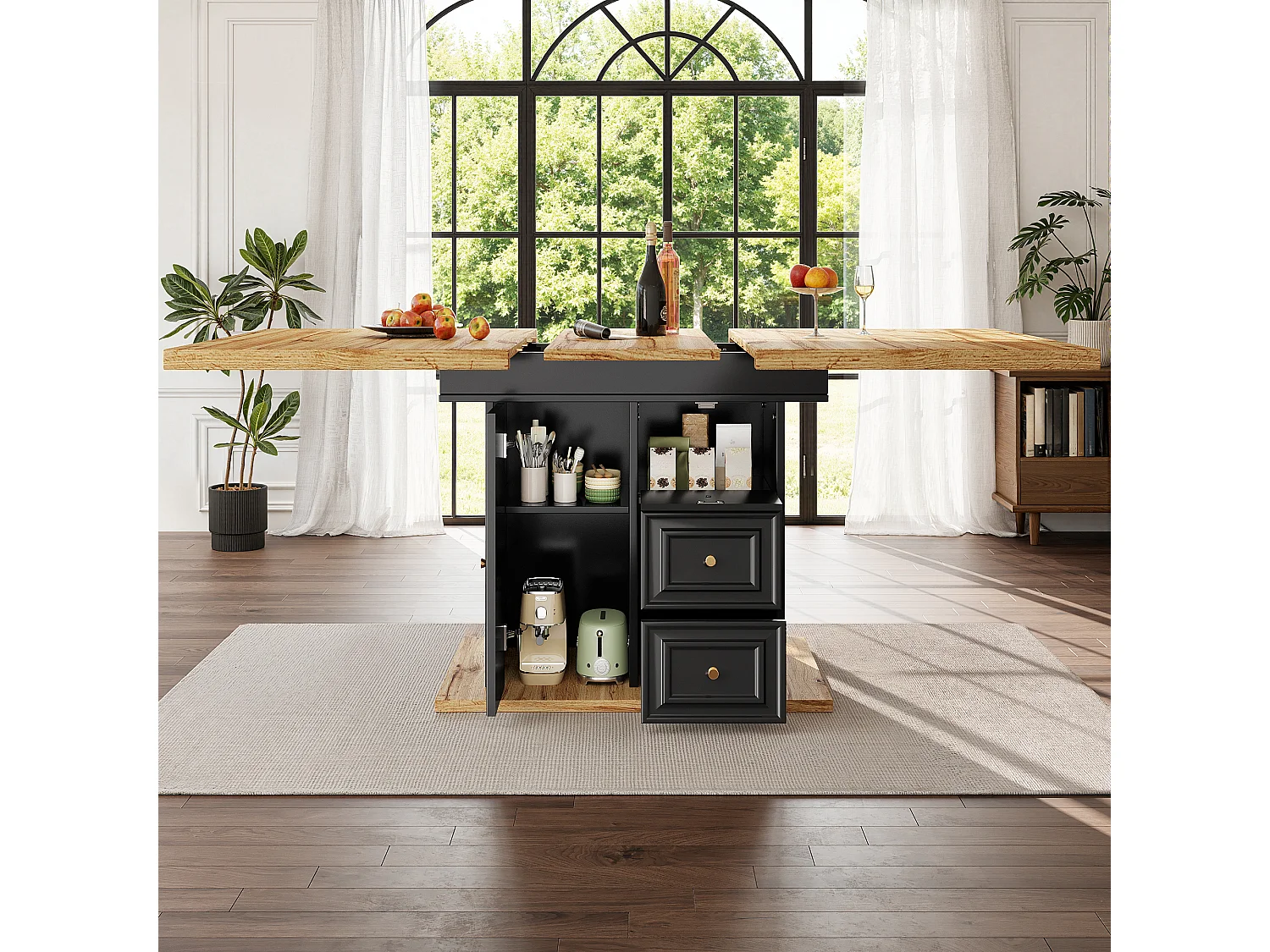 Stolik rozkładany jadalniany 110/140x80x75 cm - Dla 6 osób - 1 front - 2 szuflady - MDF + metal - Czarny