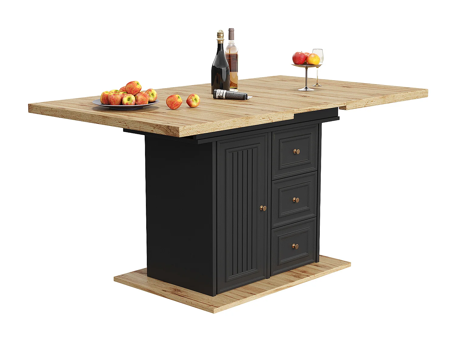 Stolik rozkładany jadalniany 110/140x80x75 cm - Dla 6 osób - 1 front - 2 szuflady - MDF + metal - Czarny