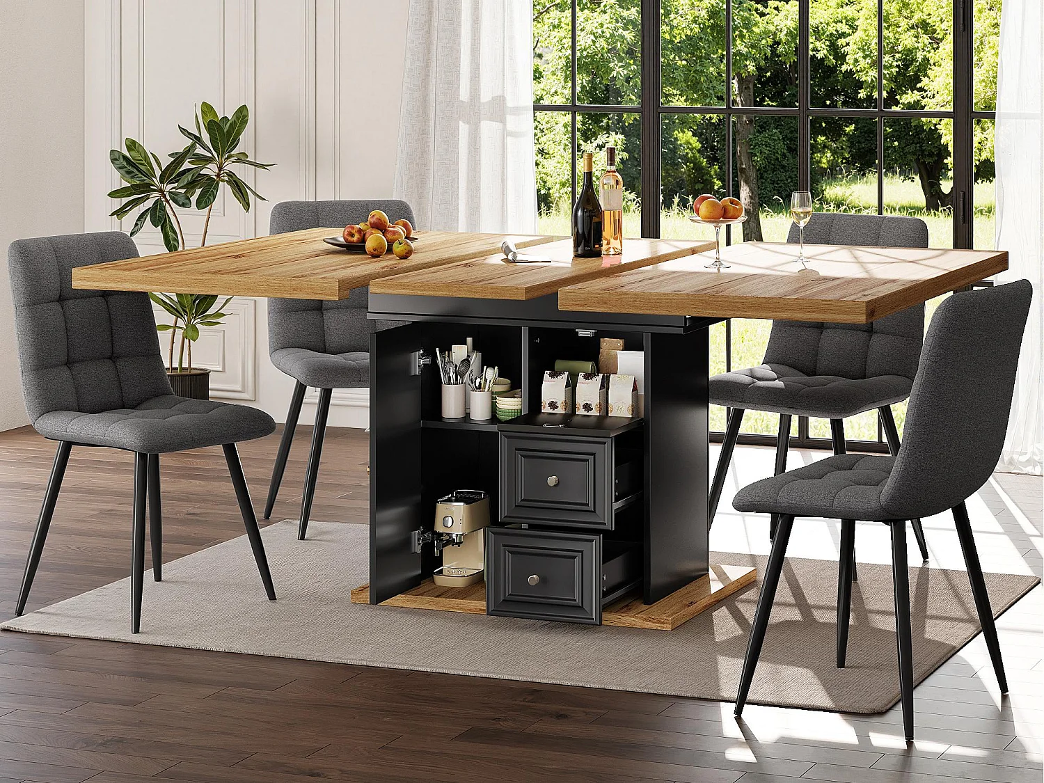 Table à manger extensible 110/140x80x75 cm - Pour 6 personnes - 1 porte - 2 tiroirs - MDF + métal - Noir