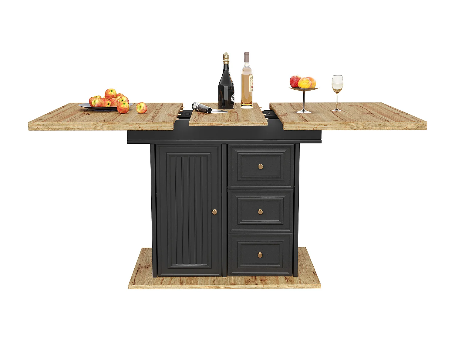 Table à manger extensible 110/140x80x75 cm - Pour 6 personnes - 1 porte - 2 tiroirs - MDF + métal - Noir