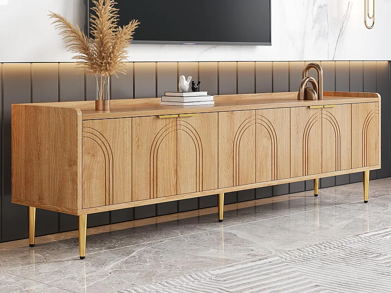 Meuble TV 170 x 35 x 47,5 cm - 4 portes - Pieds en métal - Aspect bois - MDF - Naturel