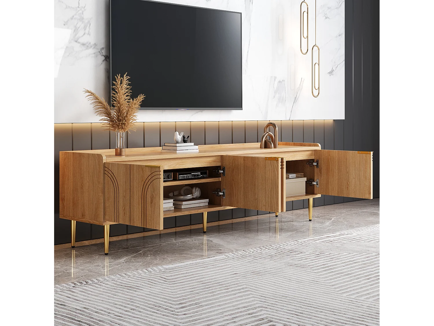 Meuble TV 170 x 35 x 47,5 cm - 4 portes - Pieds en métal - Aspect bois - MDF - Naturel