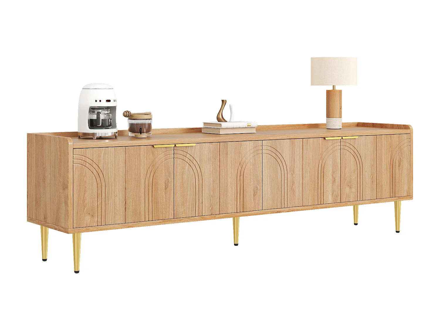 Meuble TV 170 x 35 x 47,5 cm - 4 portes - Pieds en métal - Aspect bois - MDF - Naturel