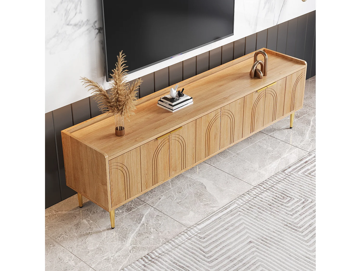 Mobile per TV 170x35x47,5 cm - 4 ante - con ripiani - Gambe in metallo - MDF - Naturale