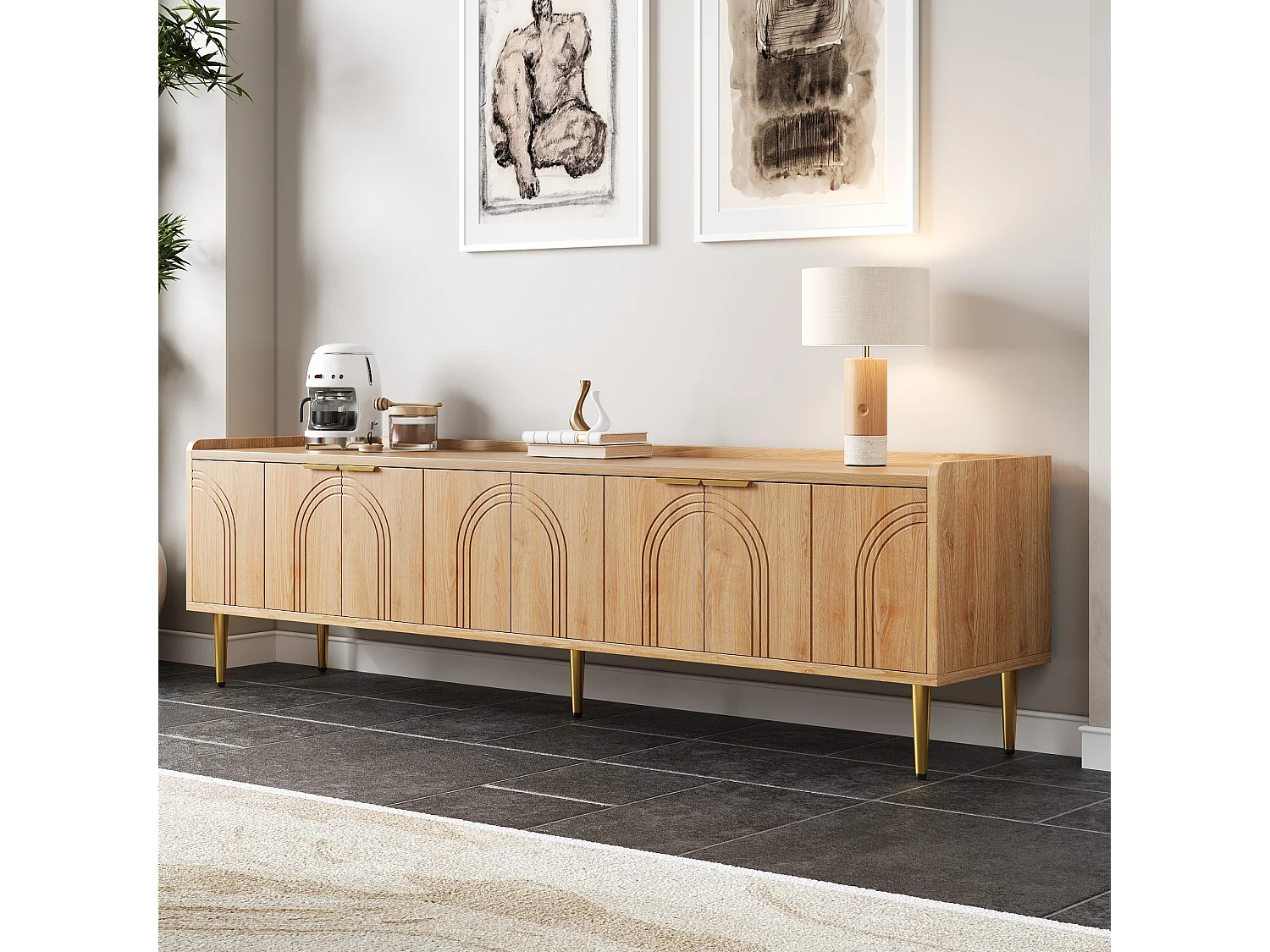 Mobile per TV 170x35x47,5 cm - 4 ante - con ripiani - Gambe in metallo - MDF - Naturale