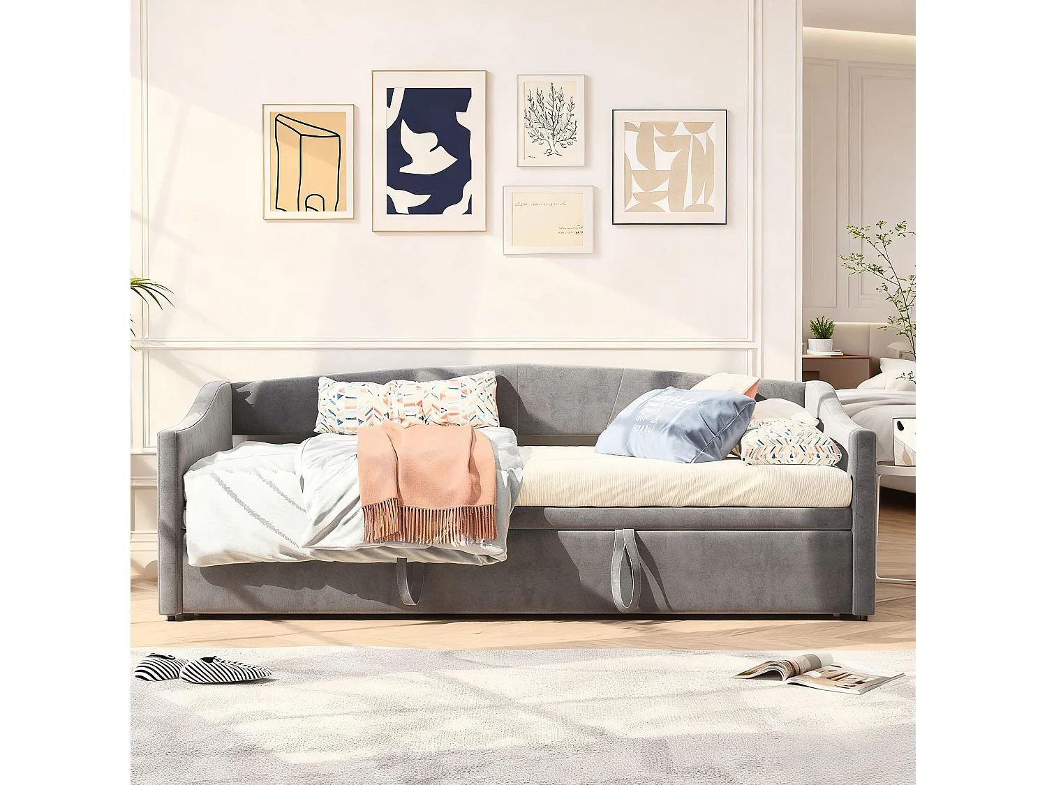 lit banquette gigogne 90 x 200 cm + 180 x 200 cm - tissu en velours - avec sommier à latte - Canapé-lit extensible - gris