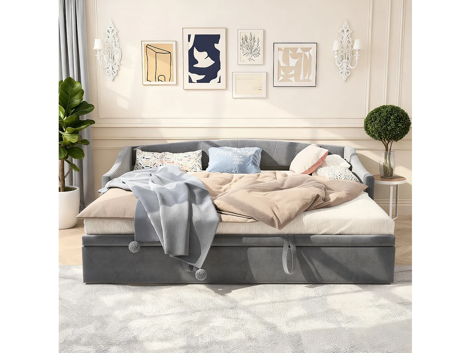 lit banquette gigogne 90 x 200 cm + 180 x 200 cm - tissu en velours - avec sommier à latte - Canapé-lit extensible - gris