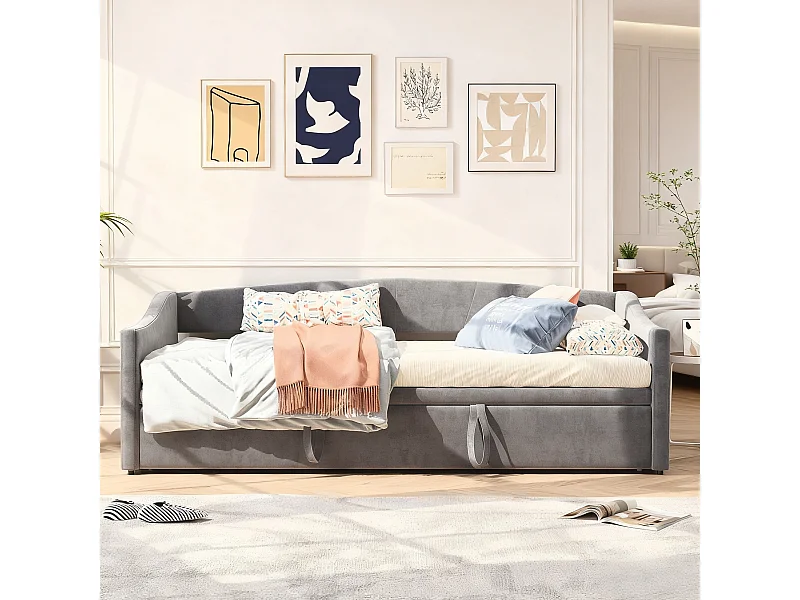 lit banquette gigogne 90 x 200 cm + 180 x 200 cm - tissu en velours - avec sommier à latte - Canapé-lit extensible - gris