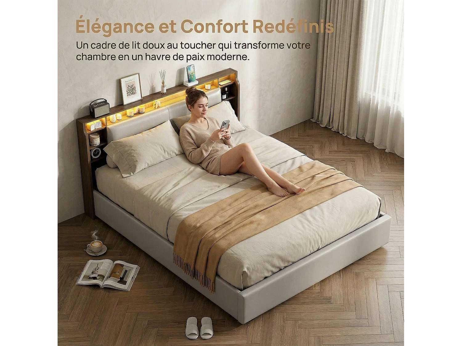 Opbergbed 140x200 cm met lattenbodem - Volwassenbed 140x200 cm - LED-verlichting - Tweepersoonsbed 140x200 cm in PU-stof - Scandinavische stijl - Wit