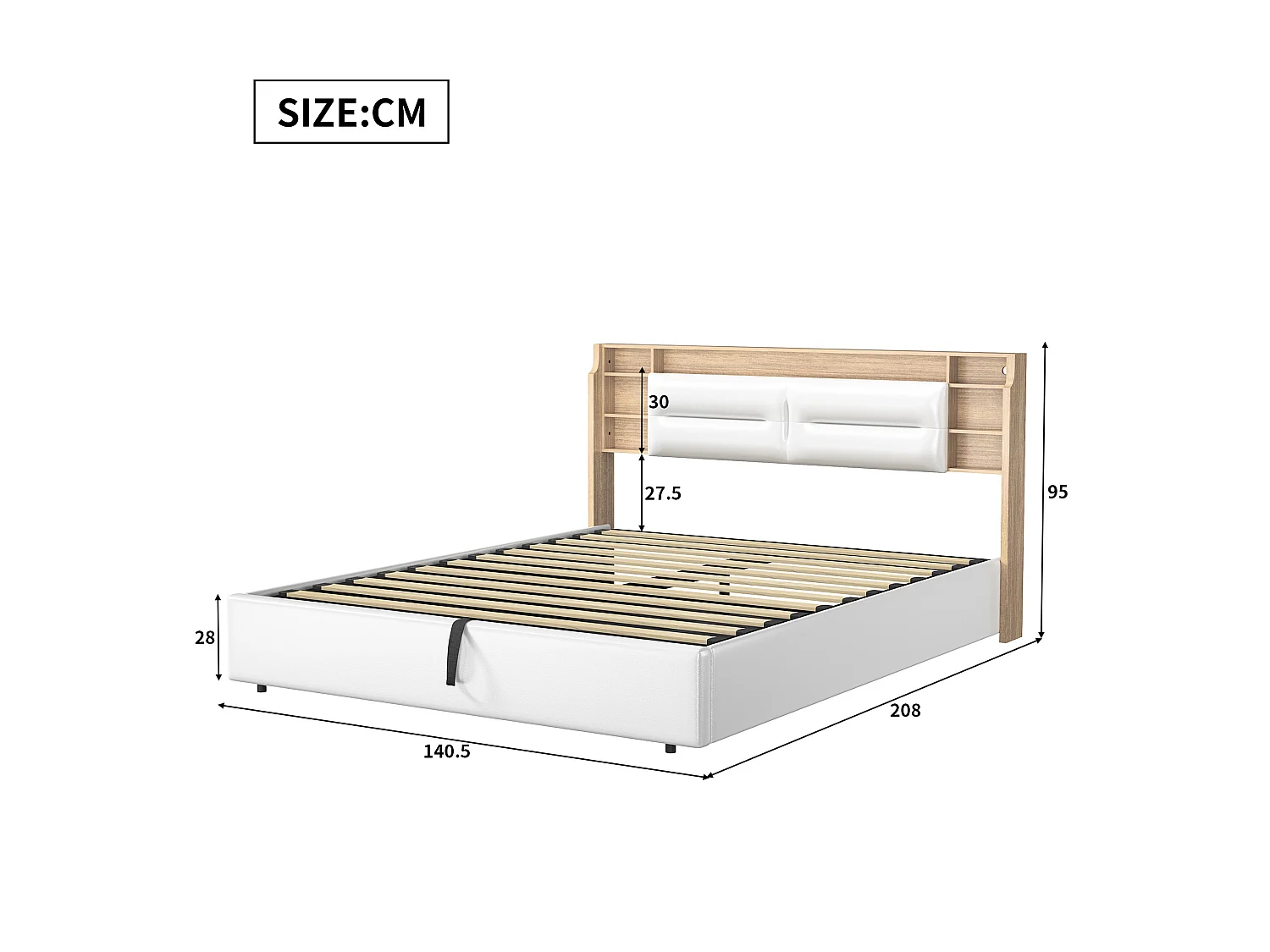 Opbergbed 140x200 cm met lattenbodem - Volwassenbed 140x200 cm - LED-verlichting - Tweepersoonsbed 140x200 cm in PU-stof - Scandinavische stijl - Wit