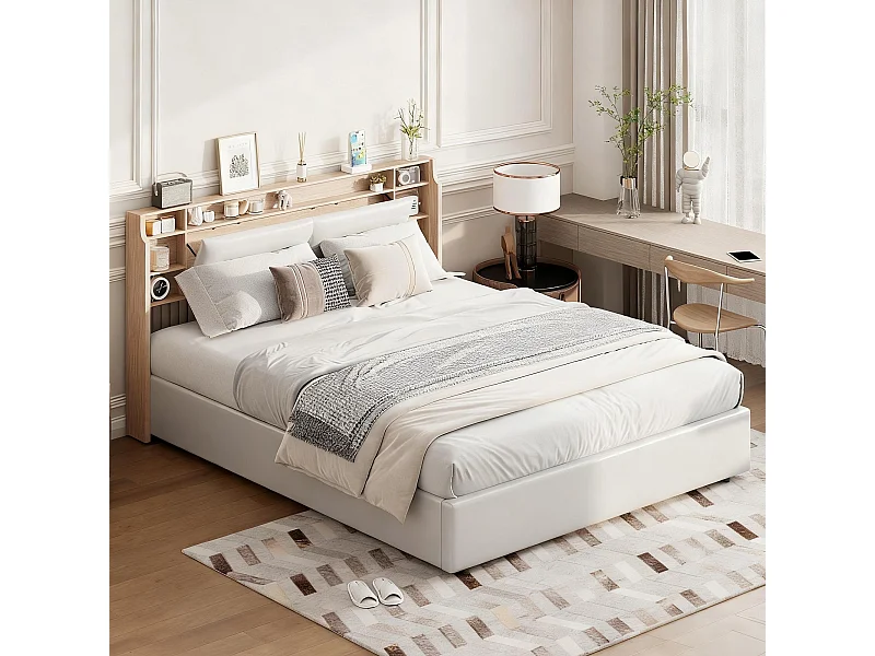 Lit coffre 140x200 cm avec sommier à latte - lit adulte 140x200 cm - LED - lit double 140x200 cm tissu en pu - Style scandinave - blanc