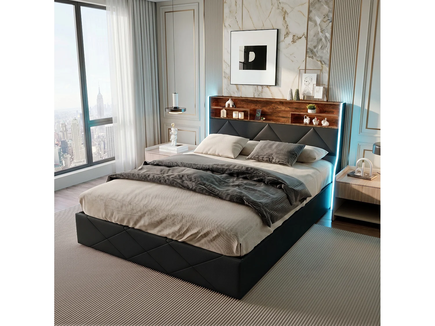 Opbergbed 160x200 cm met lattenbodem - Volwassen bed 160x200 cm met USB en LED - Tweepersoonsbed 140x200 cm bekleed met PU-stof - Zwart