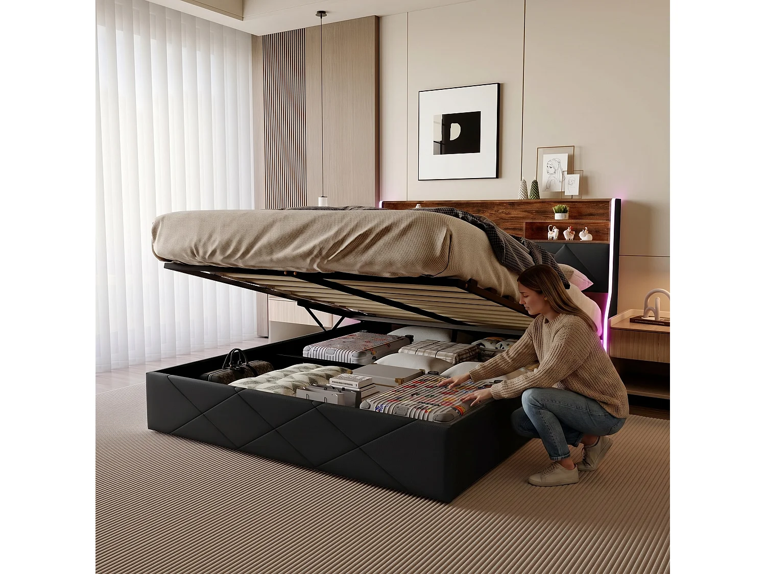 Opbergbed 160x200 cm met lattenbodem - Volwassen bed 160x200 cm met USB en LED - Tweepersoonsbed 140x200 cm bekleed met PU-stof - Zwart