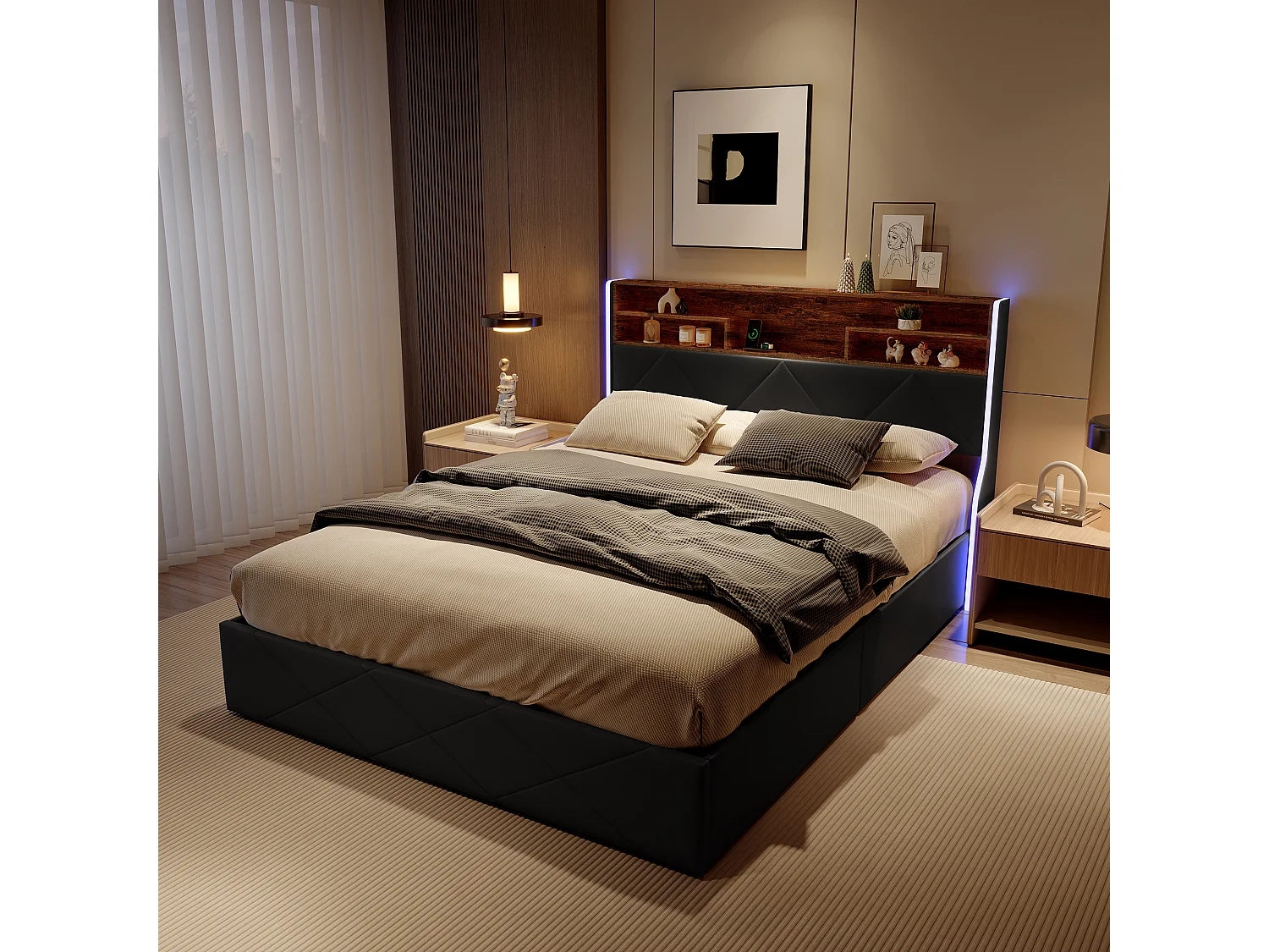 Lit coffre adulte 160x200 cm avec sommier à lattes, LED et ports de charge, revêtement capitonné en PU noir, style rétro chic