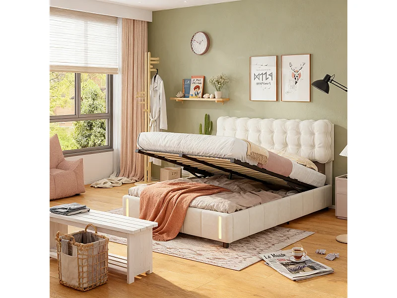 Lit coffre 160x200 avec sommier à lattes, lit 160x200 avec LED à détection de mouvement, cadre de lit adulte 160x200, tissu en velours, beige