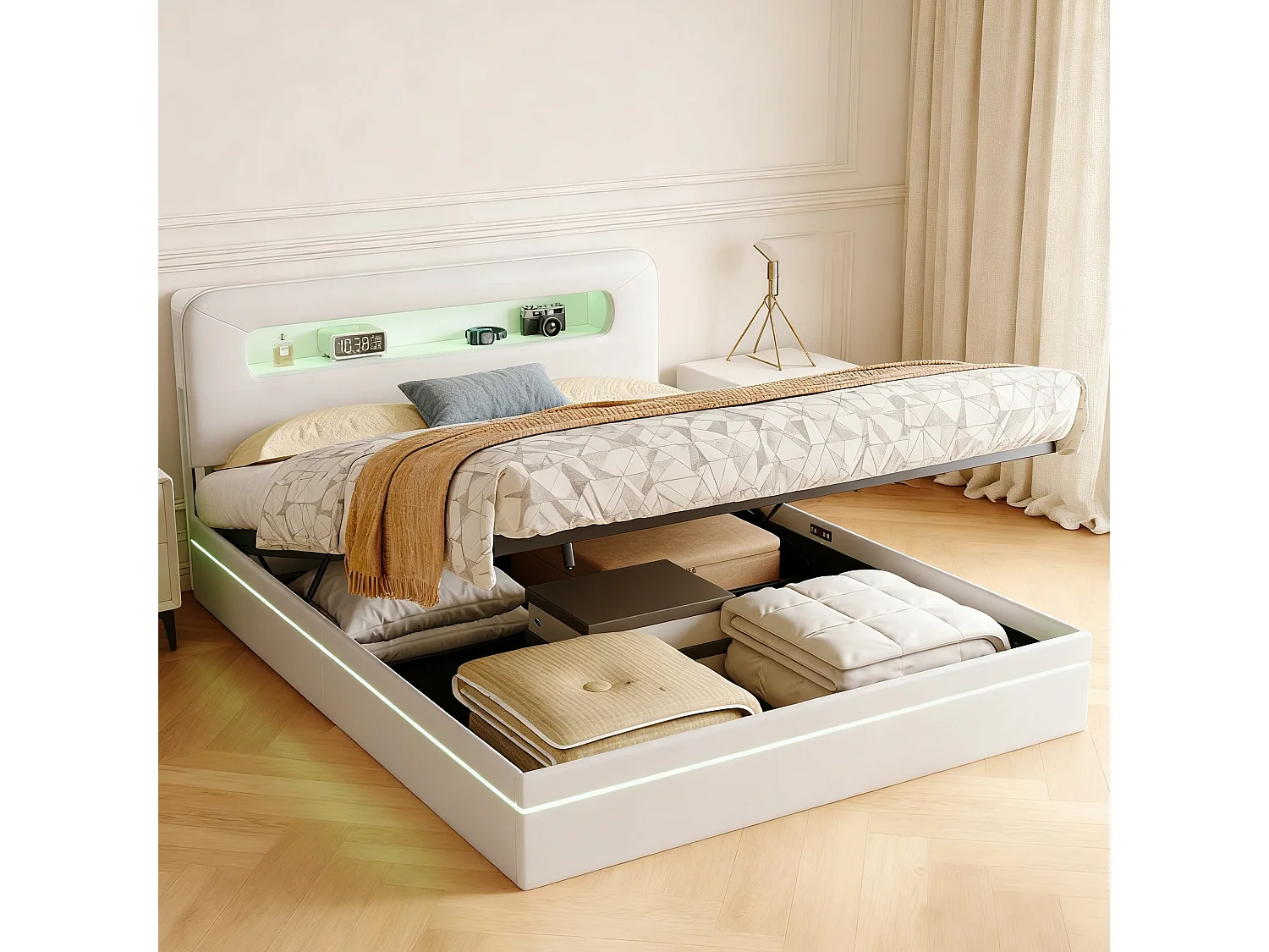 Lit coffre 140x200 cm avec sommier à lattes - lit adulte 140x200 cm - cadre de lit double 140x200 cm avec led - tissu en velours - beige