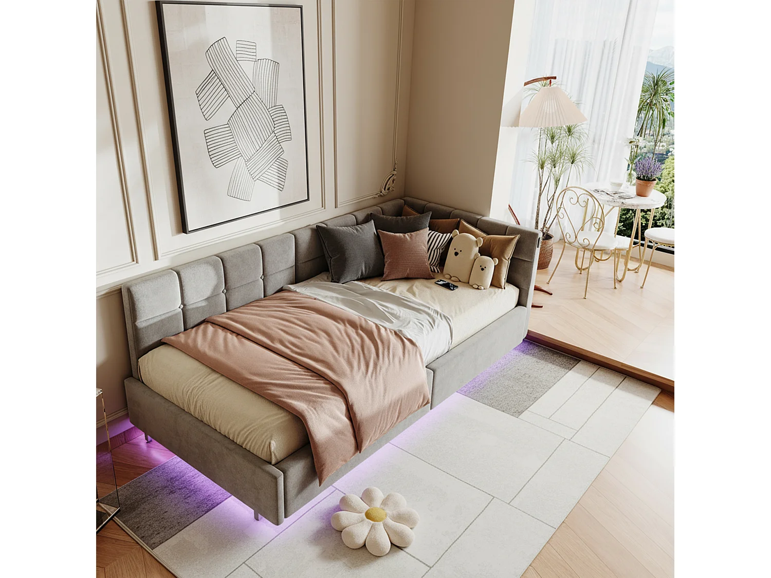 Lit coffre 90x200 avec sommier à lattes, lit 90x200 avec LED, cadre de lit simple 90x200 avec port USB et Type C, tissu en velours, gris