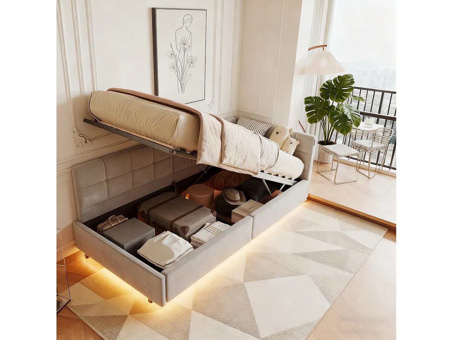 Lit coffre 90x200 avec sommier à lattes, lit 90x200 avec LED, cadre de lit simple 90x200 avec port USB et Type C, tissu en velours, gris