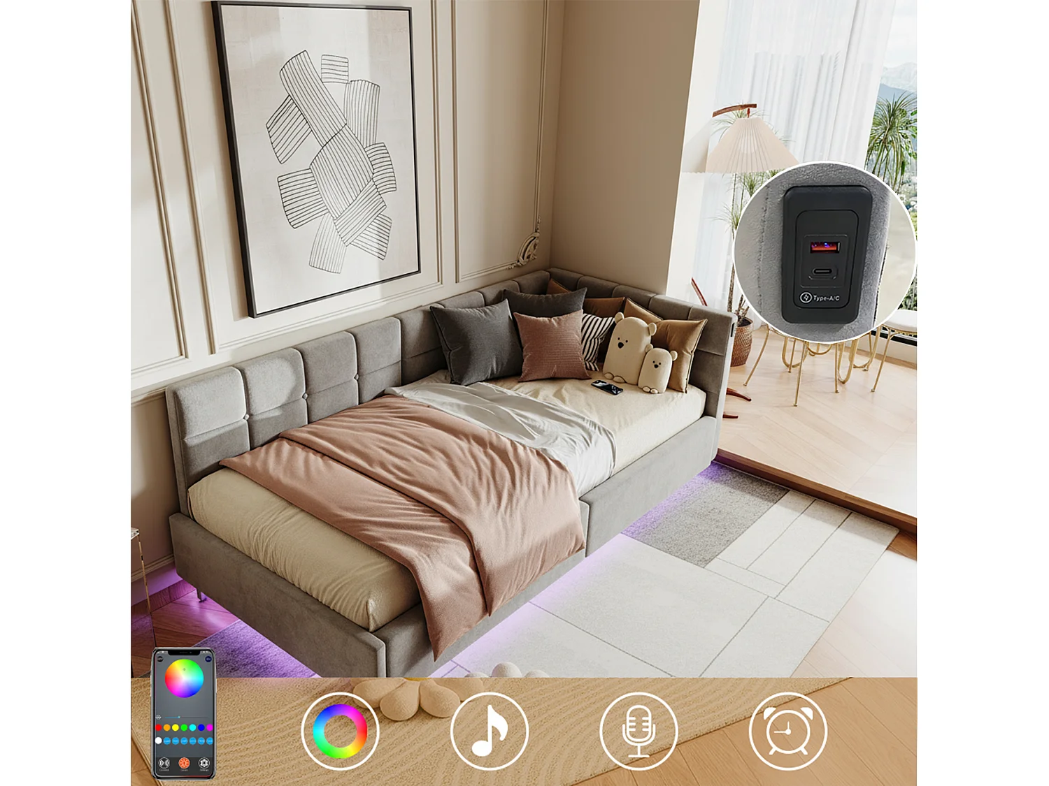 Lit coffre 90x200 avec sommier à lattes, lit 90x200 avec LED, cadre de lit simple 90x200 avec port USB et Type C, tissu en velours, gris