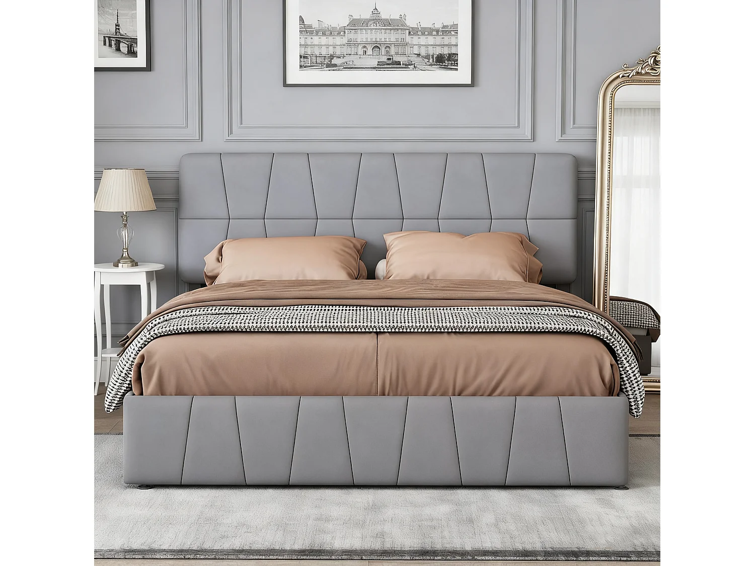 Lit adulte 160x200 cm avec 4 tiroirs, sommier à lattes, tête de lit capitonné, ​lit de rangement moderne 160x200, velours, gris