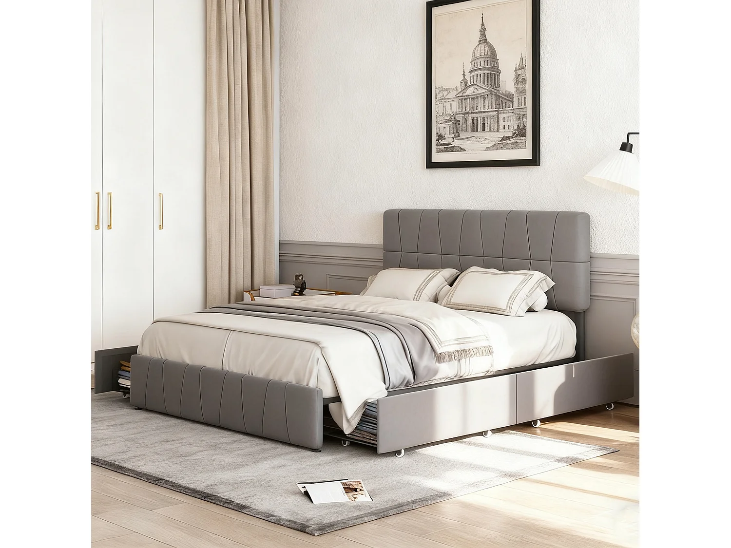 Lit adulte 160x200 cm avec 4 tiroirs, sommier à lattes, tête de lit capitonné, ​lit de rangement moderne 160x200, velours, gris