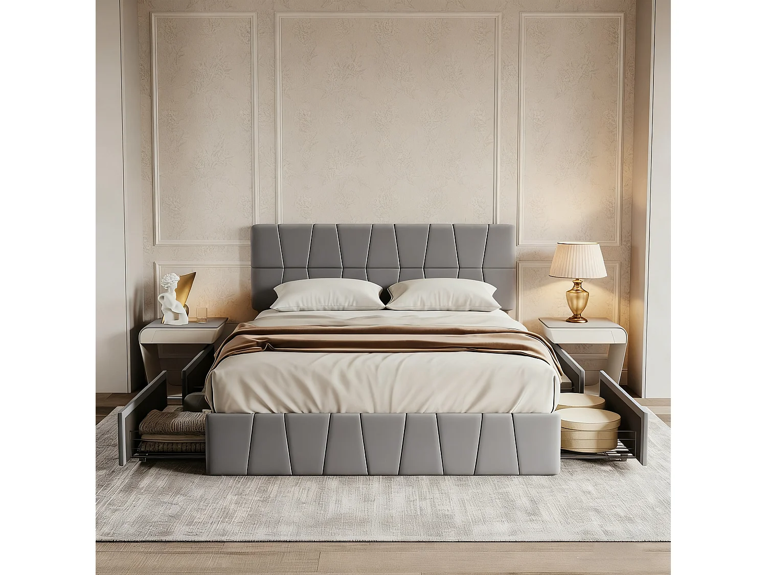 Lit adulte 160x200 cm avec 4 tiroirs, sommier à lattes, tête de lit capitonné, ​lit de rangement moderne 160x200, velours, gris