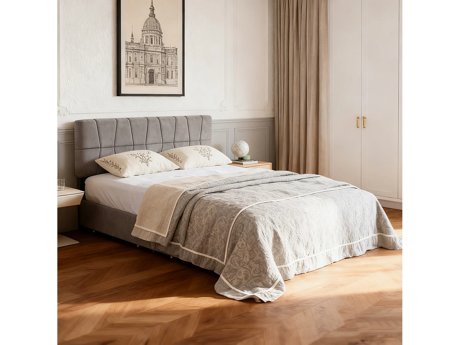Lit adulte 160x200 cm avec 4 tiroirs, sommier à lattes, tête de lit capitonné, ​lit de rangement moderne 160x200, velours, gris