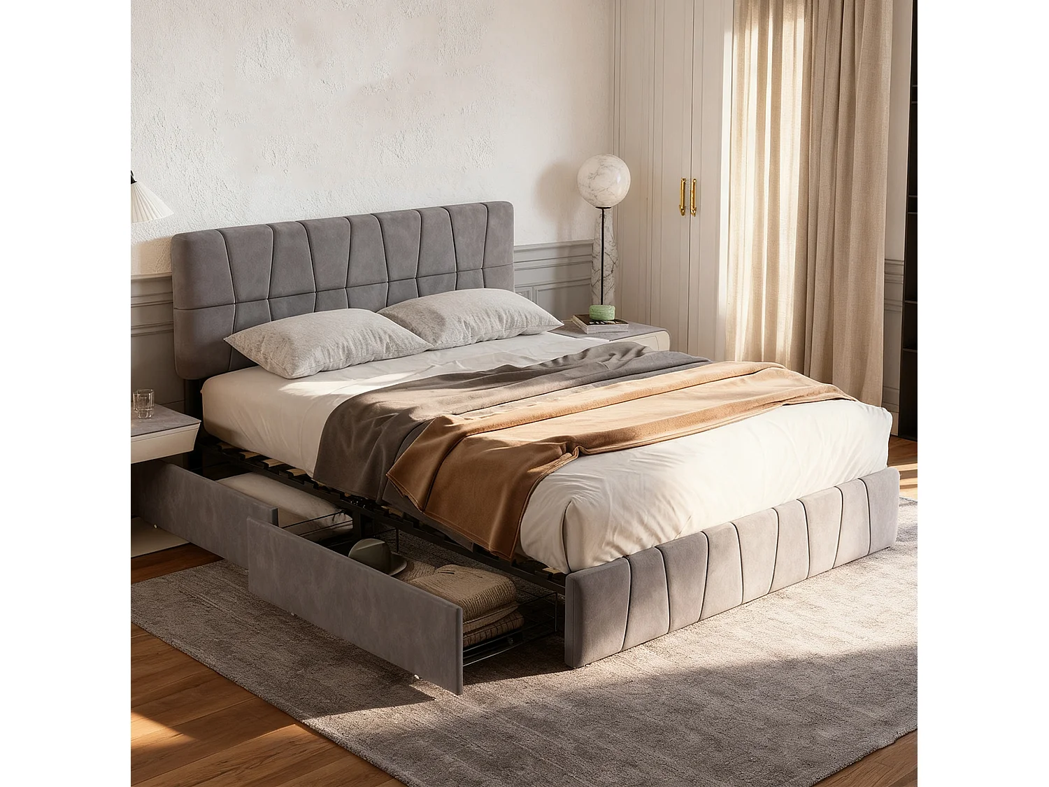 Lit adulte 160x200 cm avec 4 tiroirs, sommier à lattes, tête de lit capitonné, ​lit de rangement moderne 160x200, velours, gris