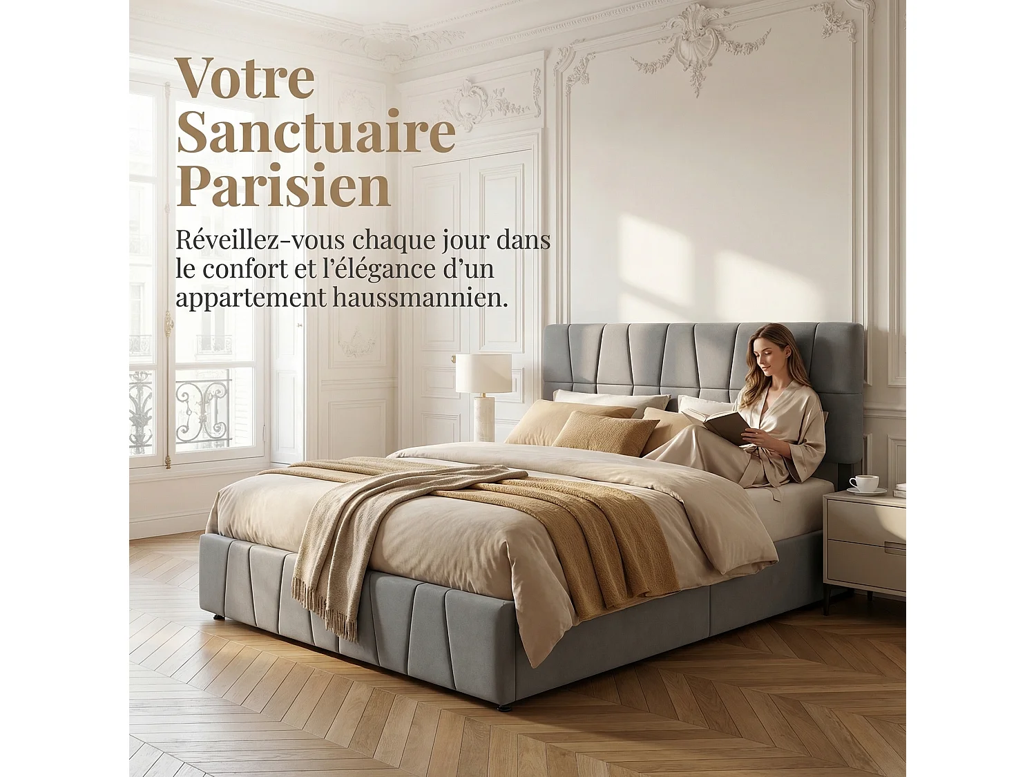 Lit double 160x200 cm avec 4 tiroirs de rangement, sommier à lattes et tête de lit capitonnée, velours gris