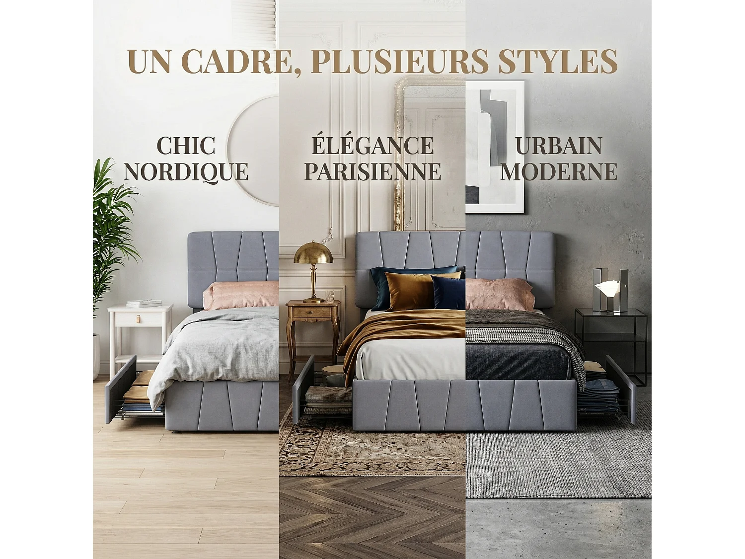 Lit double 160x200 cm avec 4 tiroirs de rangement, sommier à lattes et tête de lit capitonnée, velours gris