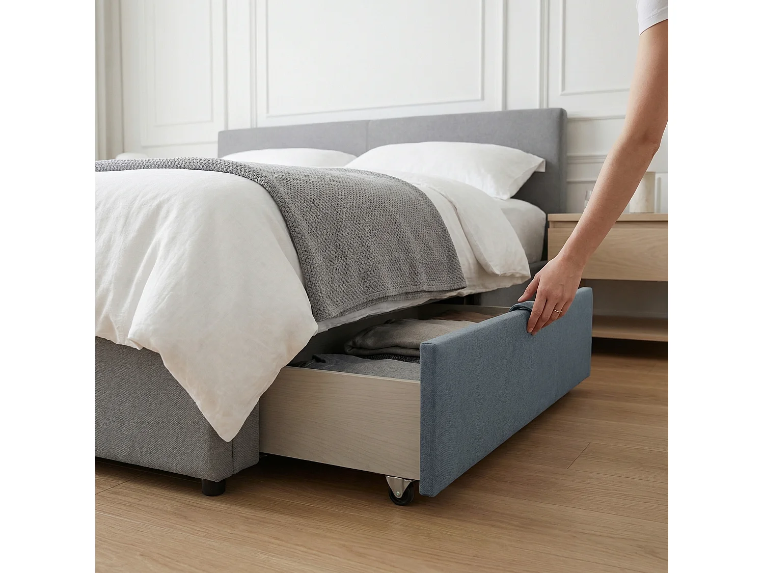 Lit double 160x200 cm avec 4 tiroirs de rangement, sommier à lattes et tête de lit capitonnée, velours gris
