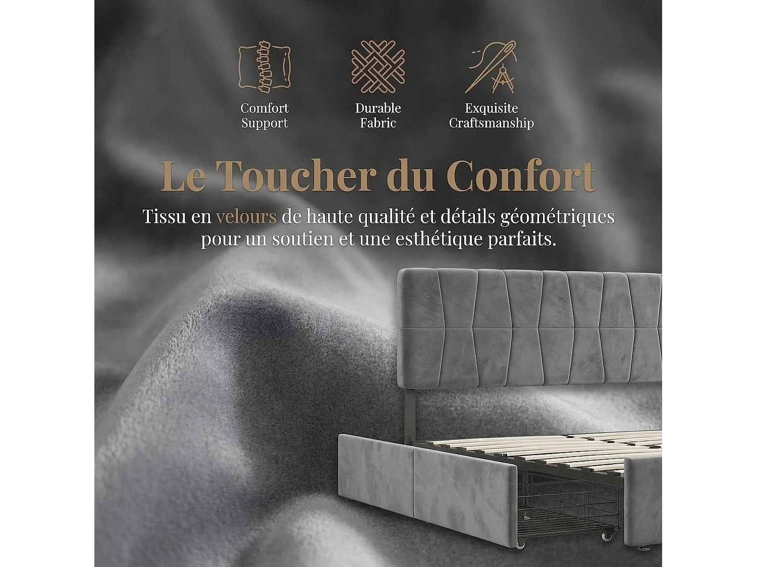 Lit double 160x200 cm avec 4 tiroirs de rangement, sommier à lattes et tête de lit capitonnée, velours gris
