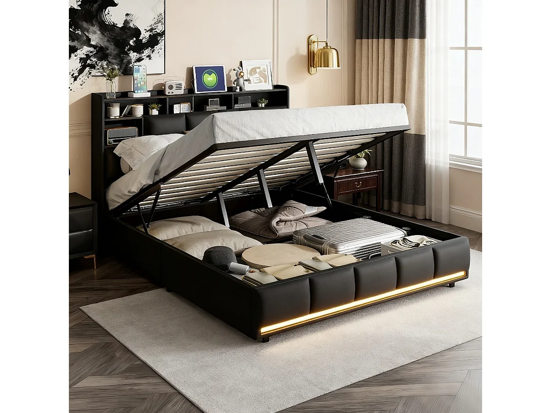 Lit double 160x200 cm avec LED et USB - NEXU - lit capitonné 160x200 cm tissu en PU - cadre lit adulte 160x200 cm coffre rangement soldes - noir