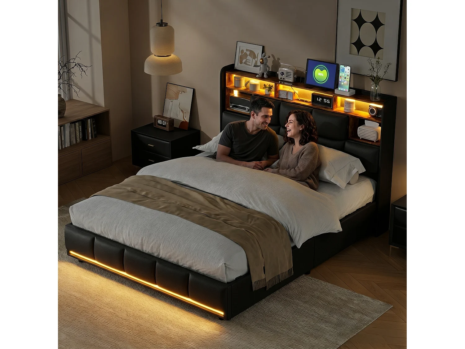 Lit double 160x200 cm avec LED et USB - NEXU - lit capitonné 160x200 cm tissu en PU - cadre lit adulte 160x200 cm coffre rangement soldes - noir