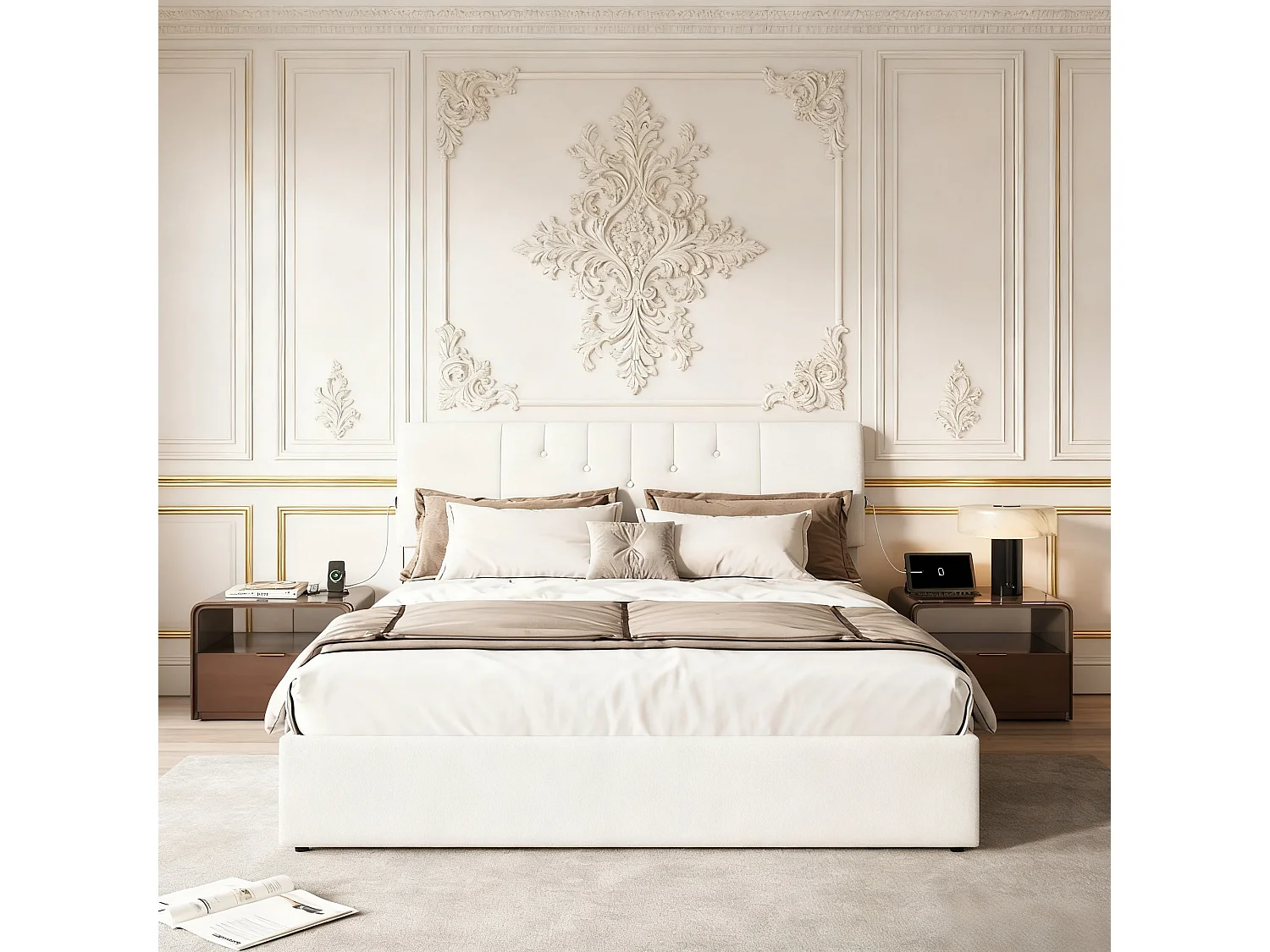 Lit coffre 140x200 cm avec sommier à latte - lit adulte 140x200 cm avec USB - lit double 140x200 cm capitonné en tissu velours - Nouvelle collection - blanc
