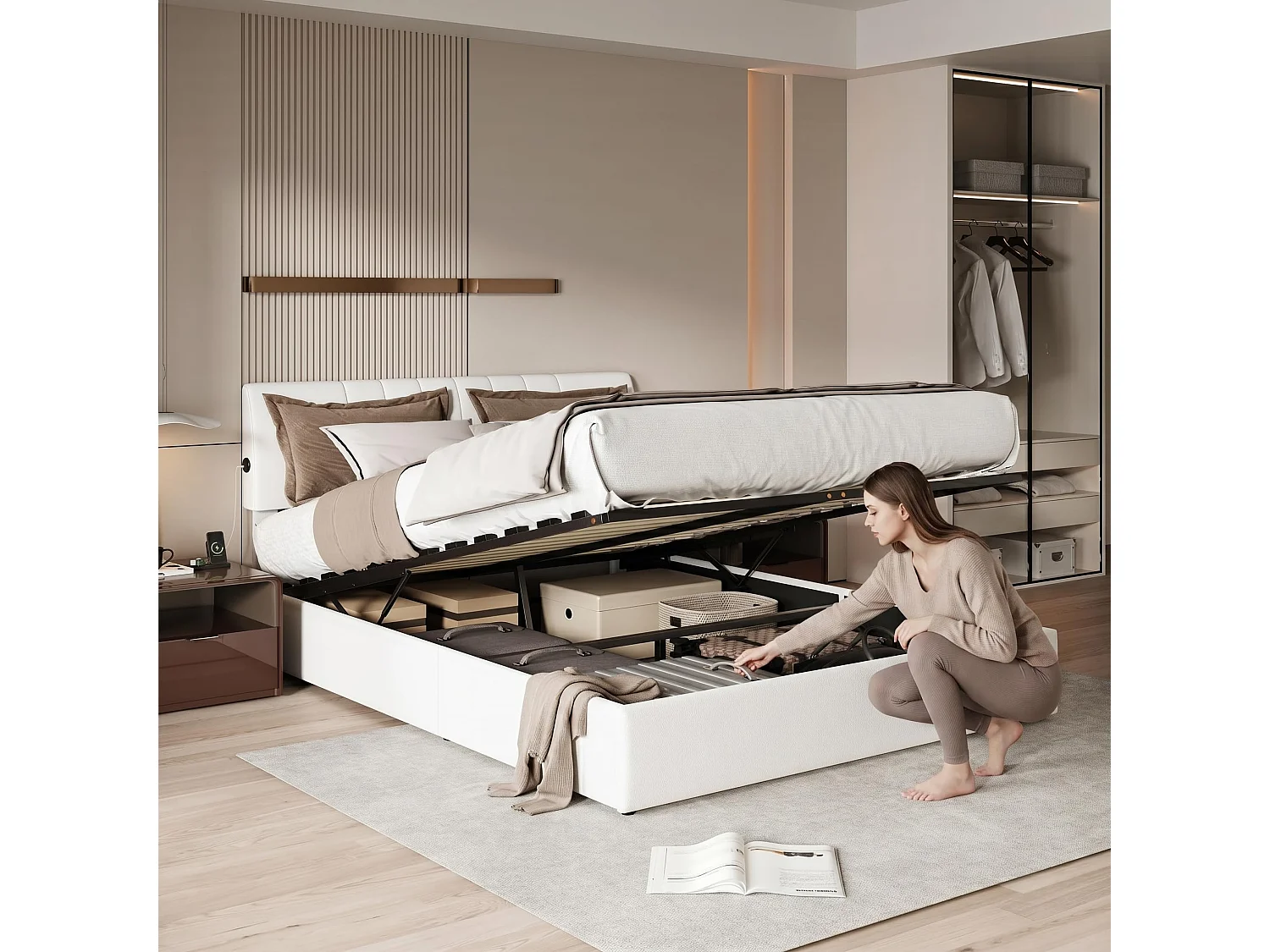 Lit coffre 140 x 200 cm - Lit double adulte capitonné avec sommier à lattes, port USB et rangement - tissu velours blanc