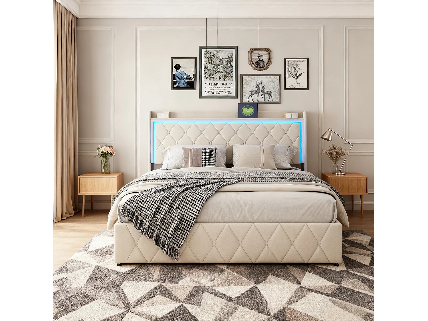 Lit coffre 140x190 cm avec sommier à lattes - lit adulte 140x190 cm - cadre de moderne lit 140x190 cm - matelassé  tissu en velours - beige