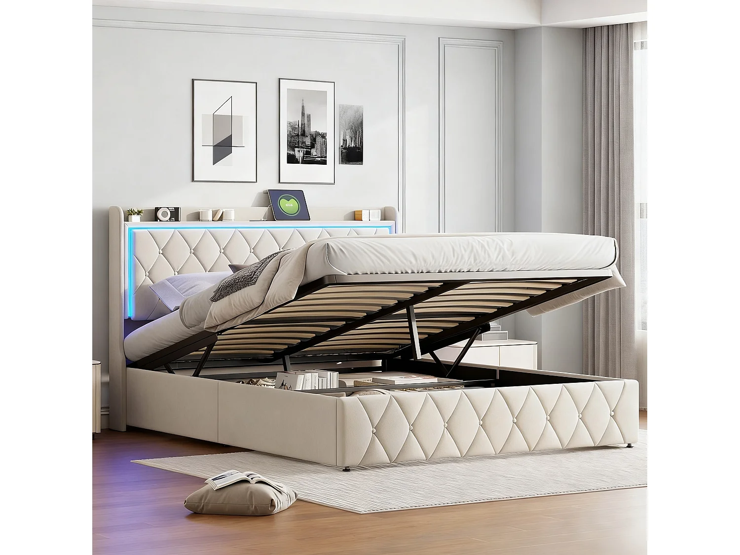 Lit coffre 140x190 cm avec sommier à lattes - lit adulte 140x190 cm - cadre de moderne lit 140x190 cm - matelassé  tissu en velours - beige