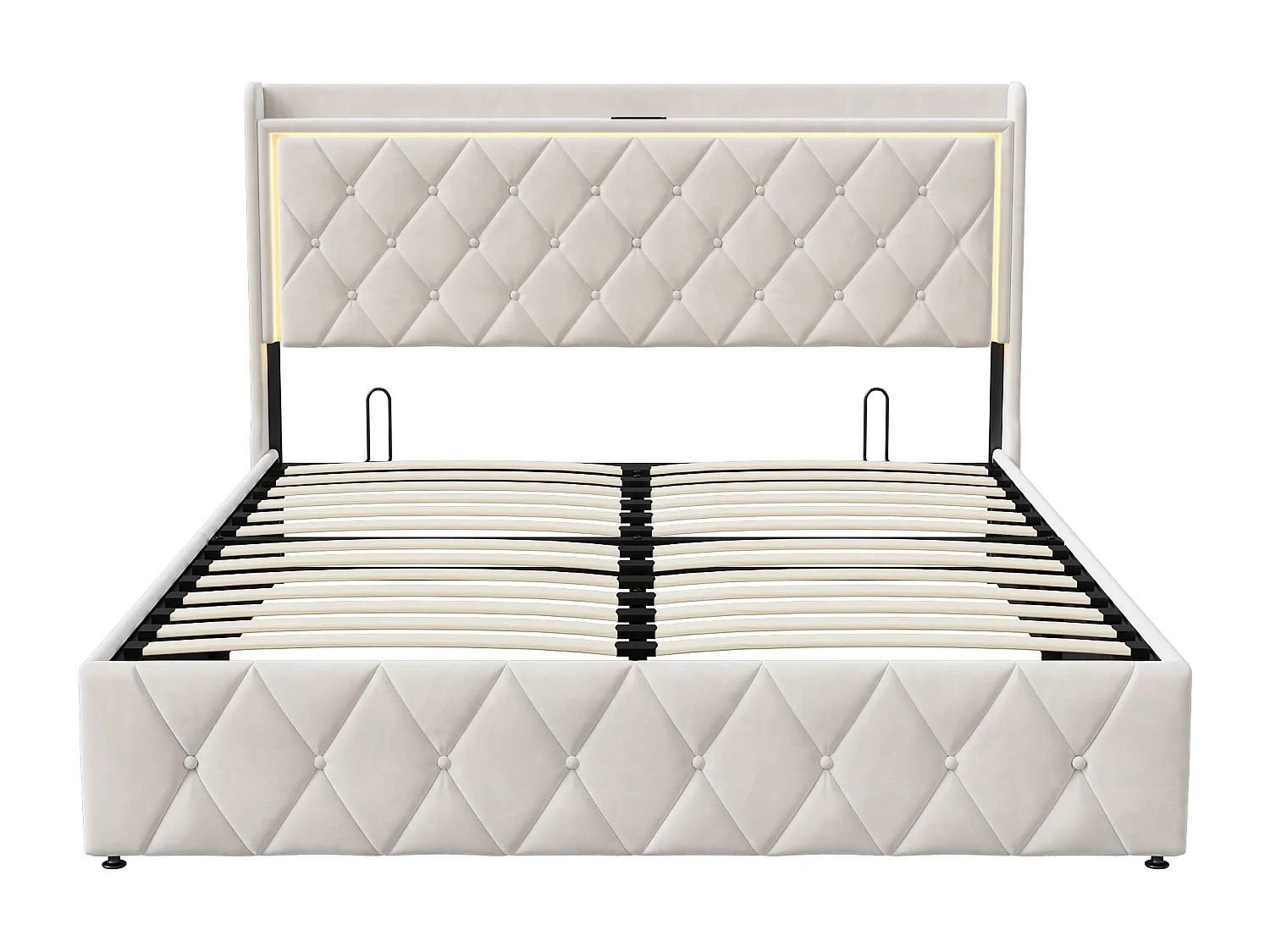 Lit coffre 140x190 cm avec sommier à lattes - lit adulte 140x190 cm - cadre de moderne lit 140x190 cm - matelassé  tissu en velours - beige