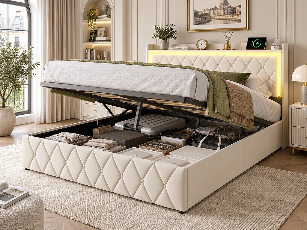 Lit double 140 x 190 cm en velours beige, lit coffre à vérins, tête de lit LED avec ports USB, sommier à lattes