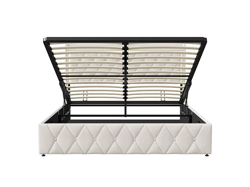 Lit double 140 x 190 cm en velours beige, lit coffre à vérins, tête de lit LED avec ports USB, sommier à lattes