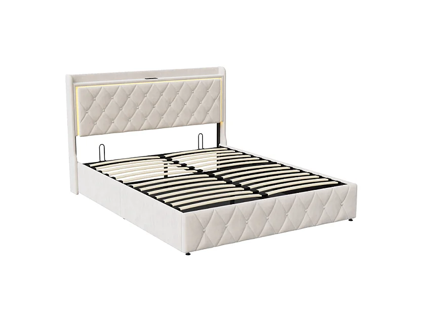 Lit double 140 x 190 cm en velours beige, lit coffre à vérins, tête de lit LED avec ports USB, sommier à lattes